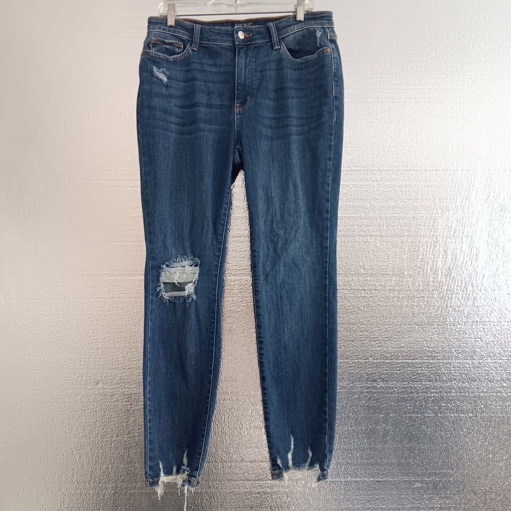 Judy Blue Relaxed Fit Jeans Womens 13/31 Dark Wash Distressed Frayed Hem